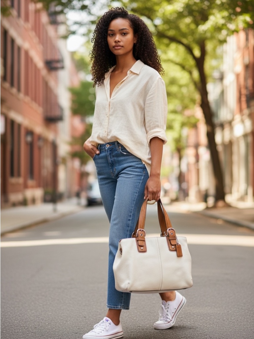Coach SoHo White Leather Shoulder Bag with Tan Buckle Trim and Matching Wallet